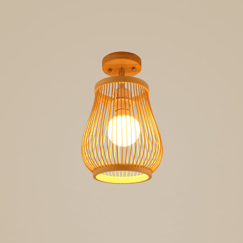 Cage Style Asian Bamboo Ceiling Light - Wood Semi Flush Single-Bulb Aisle Mounted