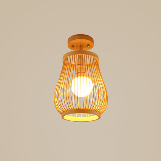 Cage Style Asian Bamboo Ceiling Light - Wood Semi Flush Single-Bulb Aisle Mounted