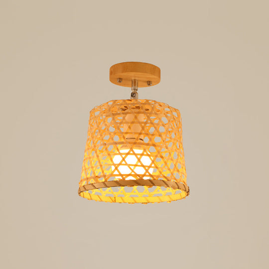Cage Style Asian Bamboo Ceiling Light - Wood Semi Flush Single-Bulb Aisle Mounted