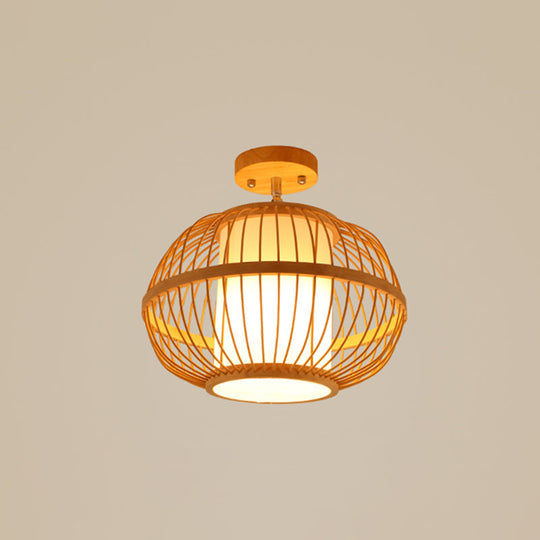Cage Style Asian Bamboo Ceiling Light - Wood Semi Flush Single-Bulb Aisle Mounted