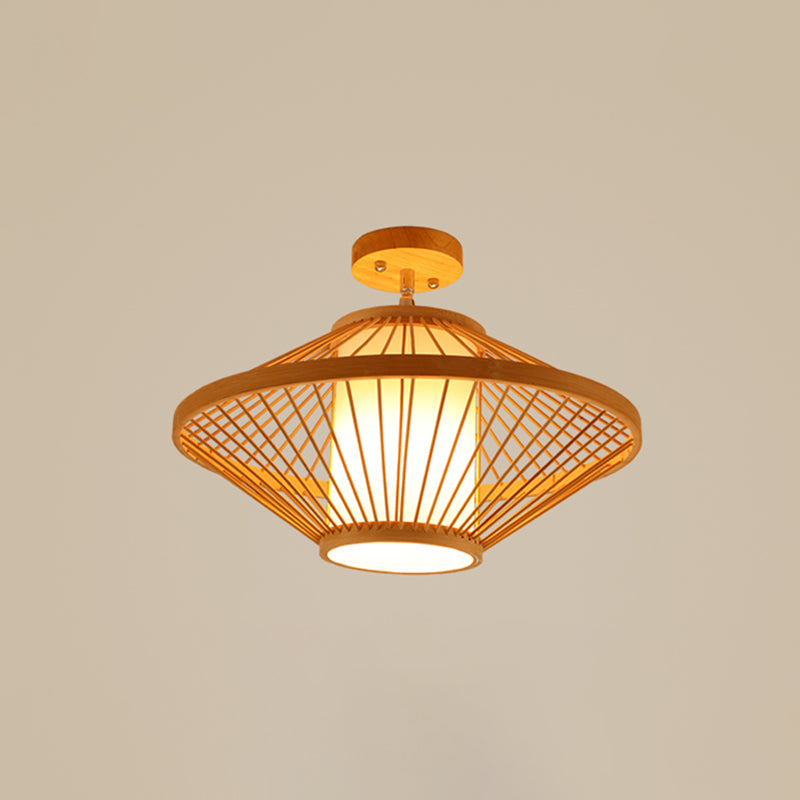 Cage Style Asian Bamboo Ceiling Light - Wood Semi Flush Single-Bulb Aisle Mounted