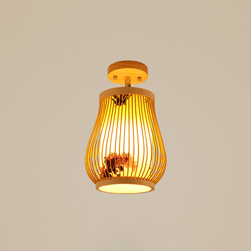 Cage Style Asian Bamboo Ceiling Light - Wood Semi Flush Single-Bulb Aisle Mounted