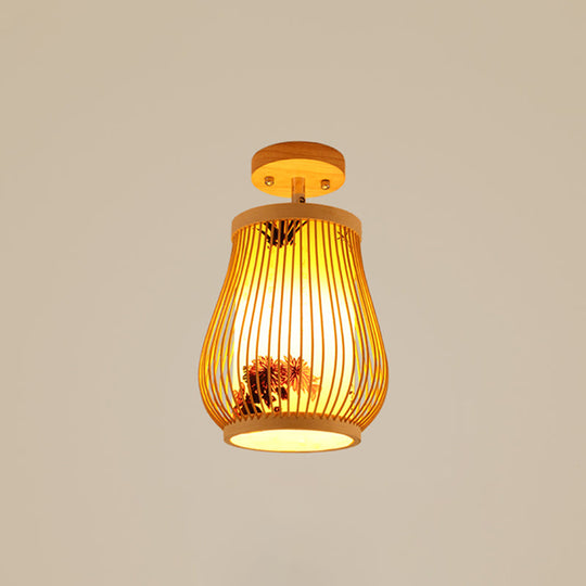Cage Style Asian Bamboo Ceiling Light - Wood Semi Flush Single-Bulb Aisle Mounted