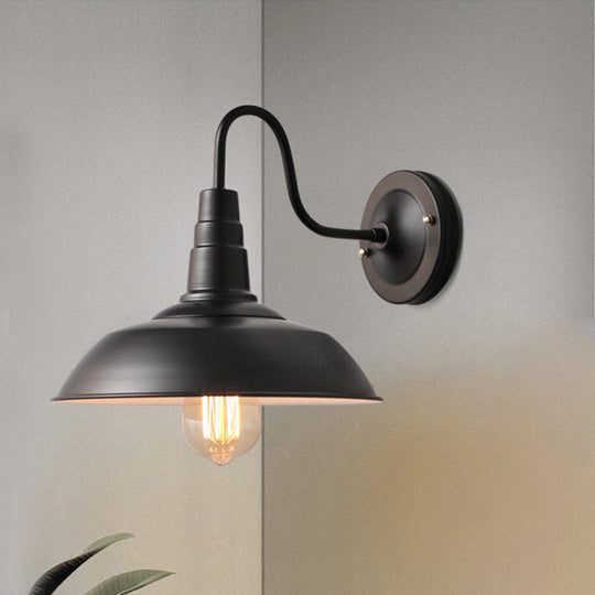 Country Style Gooseneck Wall Light with Barn Shade - Rustic Metal Sconce Fixture