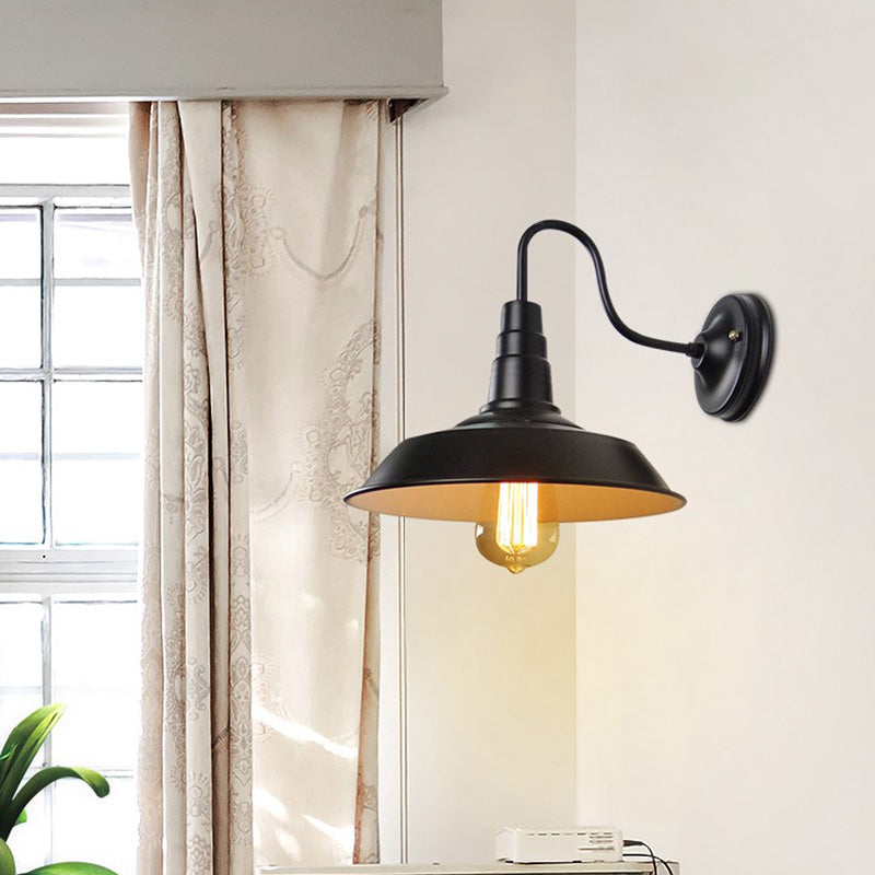 Country Style Gooseneck Wall Light with Barn Shade - Rustic Metal Sconce Fixture