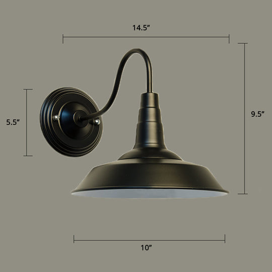 Country Style Gooseneck Wall Light with Barn Shade - Rustic Metal Sconce Fixture