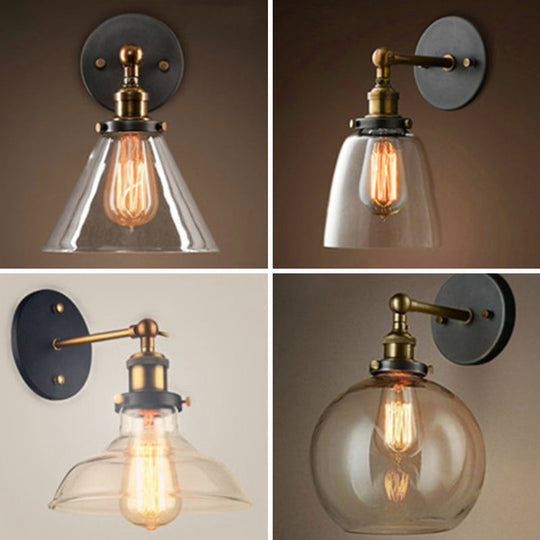 Industrial Wall Lamp with Swivel Glass Shade - Brass-Black Finish for Kitchen and More