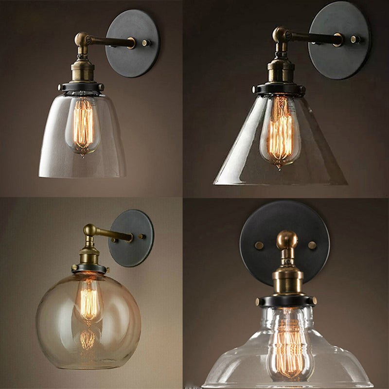 Industrial Wall Lamp with Swivel Glass Shade - Brass-Black Finish for Kitchen and More