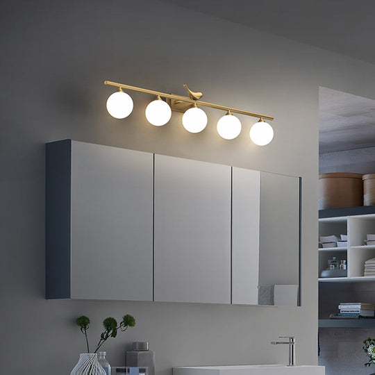 Opal Glass Wall Light with Brass Bird Decor - Ball Bathroom Vanity Sconce