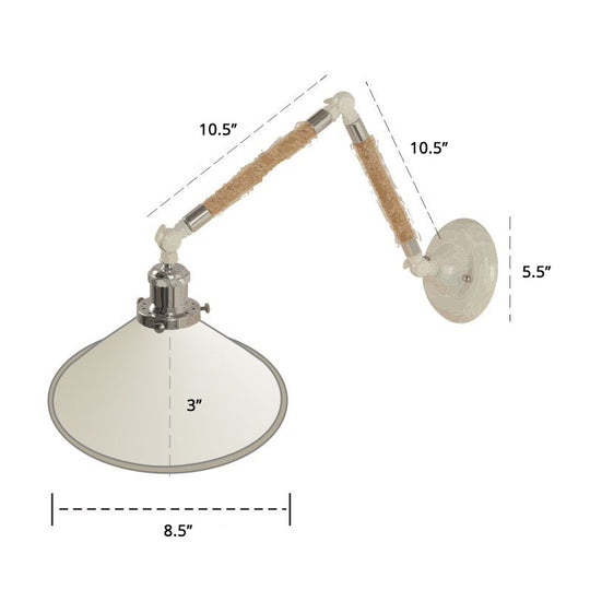 Nordic Metal Wall Sconce - White Conical Task Light with Swivelable Roped Arm