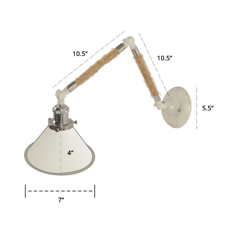 Nordic Metal Wall Sconce - White Conical Task Light with Swivelable Roped Arm