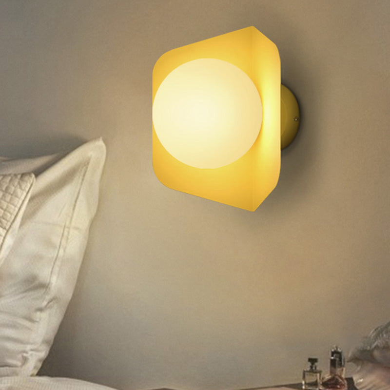 Hexagonal Metal Wall Sconce with Opaline Glass Shade - Single Mount Light