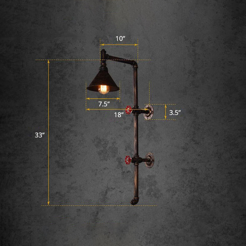Industrial Style Rust Conical Wall Lamp - Metal 1-Light Corridor Wall Lantern