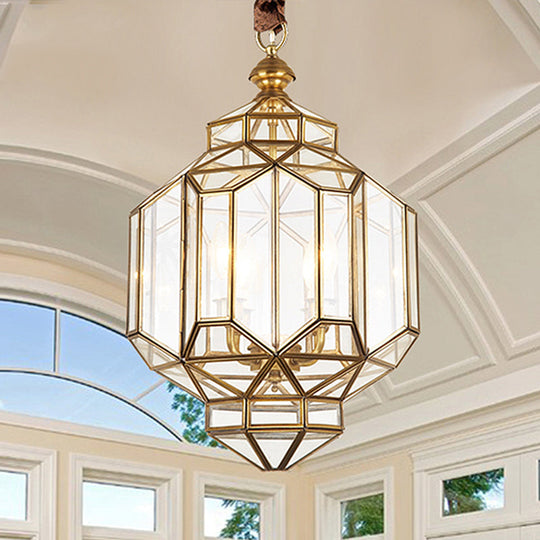 Contemporary 4-Light Lantern Chandelier with Clear Glass Shades – Brass Hanging Lamp for Living Room