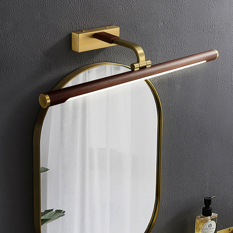 Country Light: Walnut Wood Grain Tube Wall Sconce with Acrylic Bath LED Vanity Lighting and Brass Pivot Joint