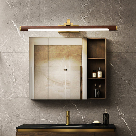 Country Light: Walnut Wood Grain Tube Wall Sconce with Acrylic Bath LED Vanity Lighting and Brass Pivot Joint