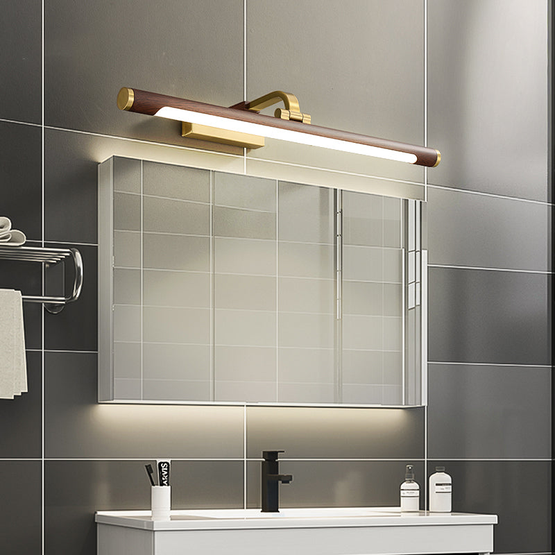 Country Light: Walnut Wood Grain Tube Wall Sconce with Acrylic Bath LED Vanity Lighting and Brass Pivot Joint