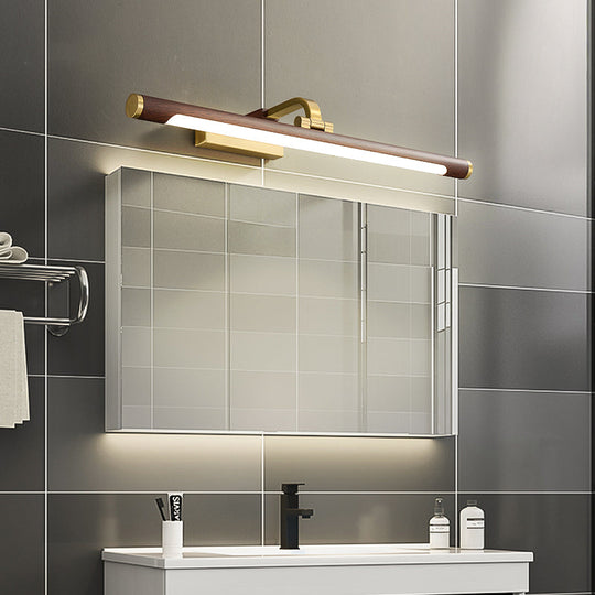 Country Light: Walnut Wood Grain Tube Wall Sconce with Acrylic Bath LED Vanity Lighting and Brass Pivot Joint