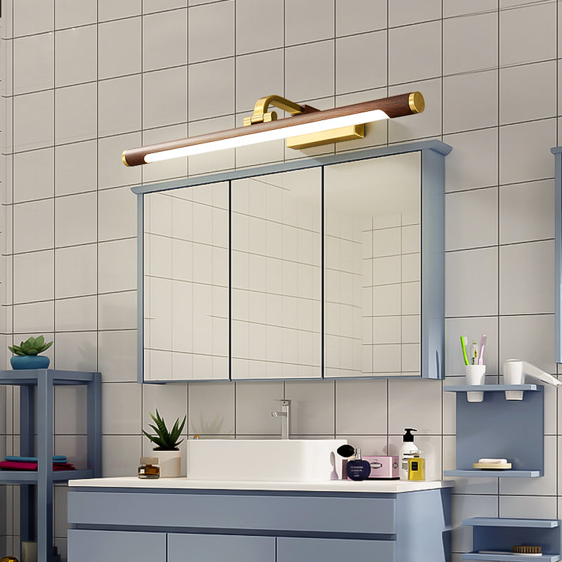 Country Light: Walnut Wood Grain Tube Wall Sconce with Acrylic Bath LED Vanity Lighting and Brass Pivot Joint