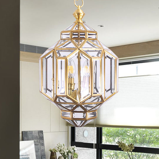 Contemporary 4-Light Lantern Chandelier with Clear Glass Shades – Brass Hanging Lamp for Living Room