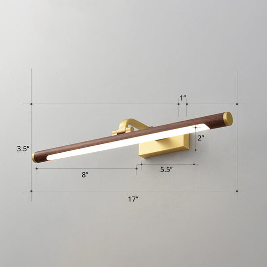 Country Light: Walnut Wood Grain Tube Wall Sconce with Acrylic Bath LED Vanity Lighting and Brass Pivot Joint