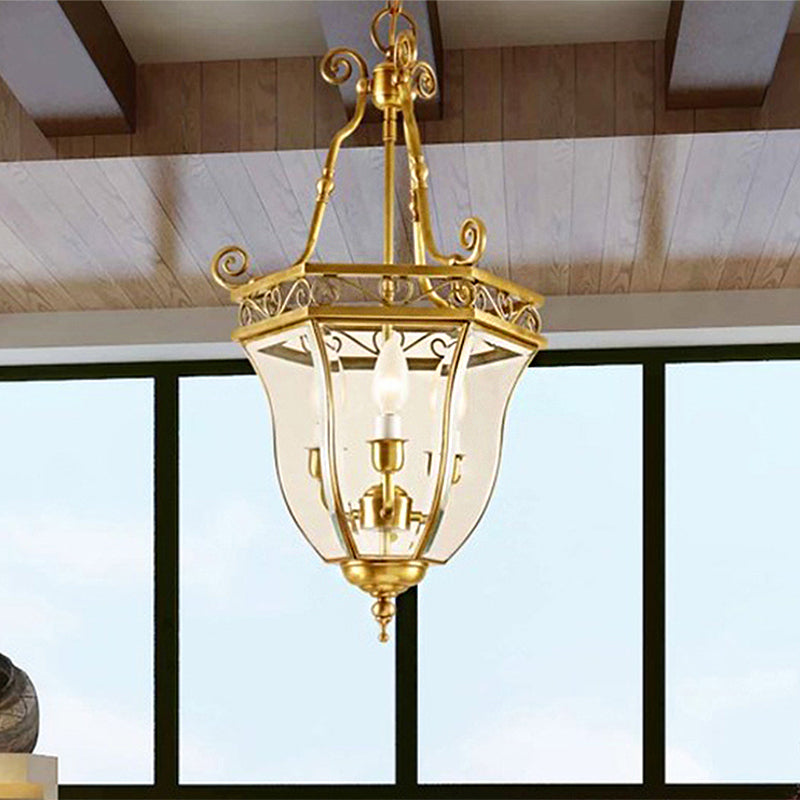 Retro Brass Tapered Chandelier Lamp - 3 Heads Clear Glass Pendant Light for Balcony