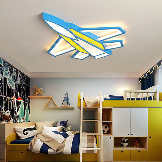 Children's Blue and Yellow LED Jet Plane Acrylic Ceiling Flush Mount Light for Bedroom
