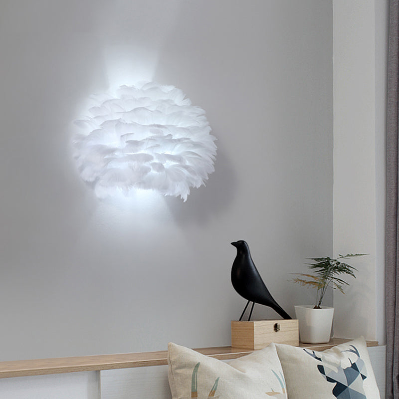 Nordic Feather Flush Mount Wall Sconce for Bedroom - White Half-Globe Up-Down Light