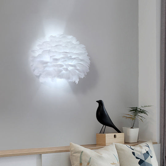Nordic Feather Flush Mount Wall Sconce for Bedroom - White Half-Globe Up-Down Light