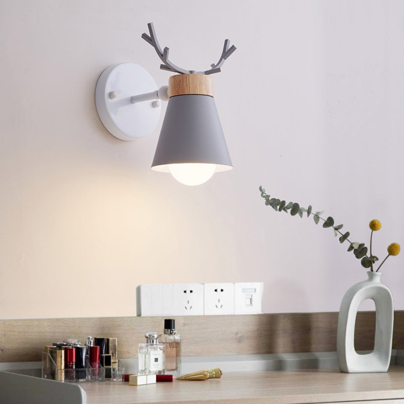 Nordic Metal Rotating Cone Shade Sconce Lighting with Antler Deco - 1-Light Kids Room Reading Light