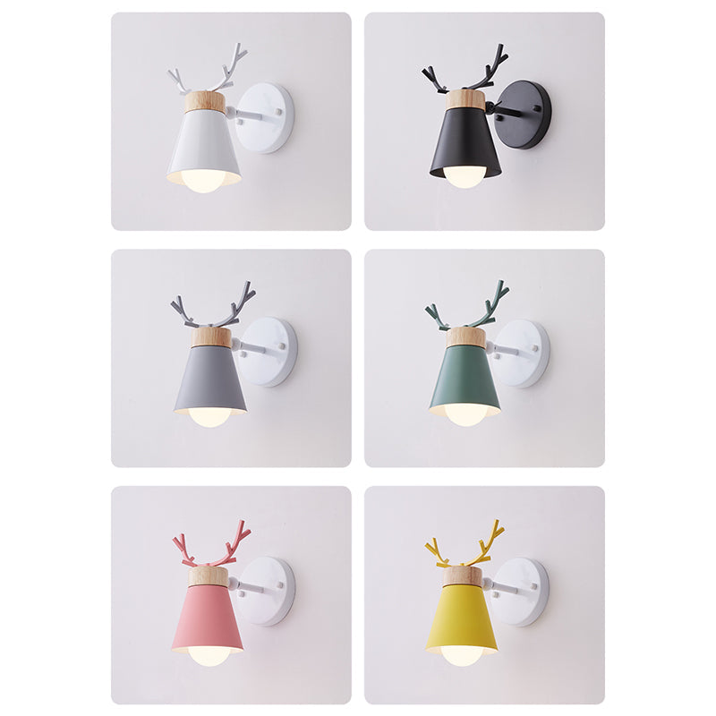 Nordic Metal Rotating Cone Shade Sconce Lighting with Antler Deco - 1-Light Kids Room Reading Light