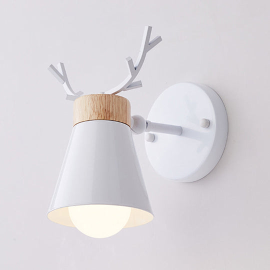 Nordic Metal Rotating Cone Shade Sconce Lighting with Antler Deco - 1-Light Kids Room Reading Light