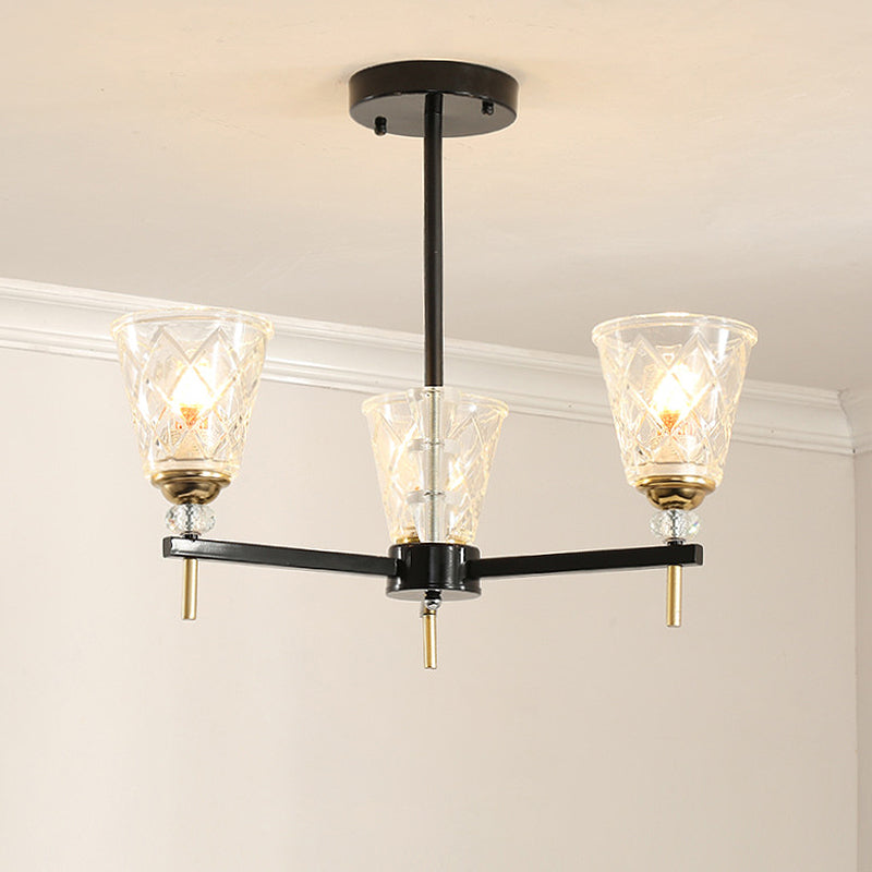 Traditional 3/6-Light Chandelier with Clear Textured Glass Cones - Bedroom Pendant Lamp