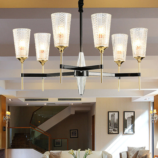 Traditional Glass Cone Pendant Chandelier - Clear 6/8 Lights, Ideal for Living Room