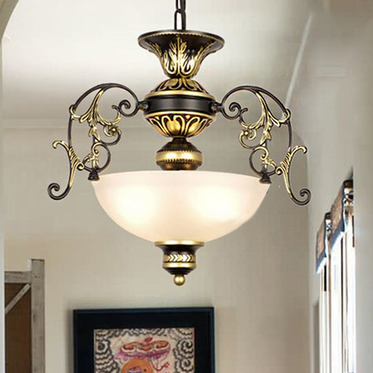Traditional White/Black Frosted Glass Chandelier Light - 3 Bulbs Bowl Ceiling Fixture for Corridor