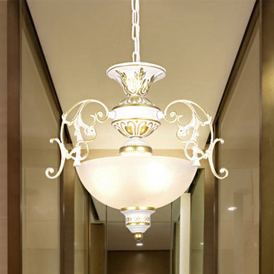 Traditional White/Black Frosted Glass Chandelier Light - 3 Bulbs Bowl Ceiling Fixture for Corridor