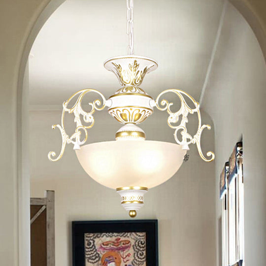 Traditional White/Black Frosted Glass Chandelier Light - 3 Bulbs Bowl Ceiling Fixture for Corridor