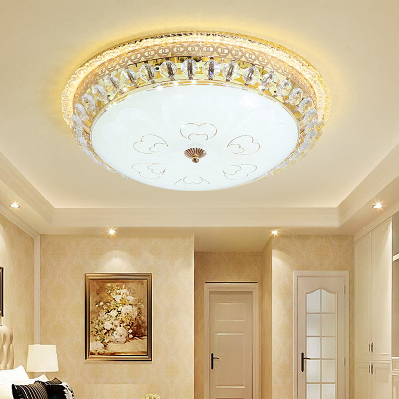 Modern Gold Flush Mount Ceiling Light with Opal Glass LED and Crystal Accent - 16"/19.5" W Round Flush Light for Bedroom
