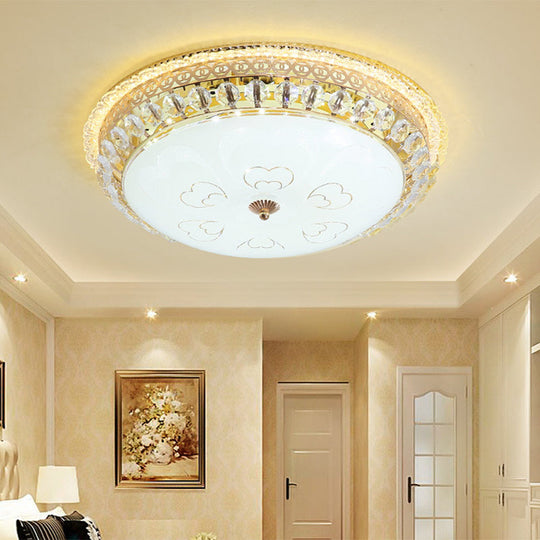 Modern Gold Flush Mount Ceiling Light with Opal Glass LED and Crystal Accent - 16"/19.5" W Round Flush Light for Bedroom