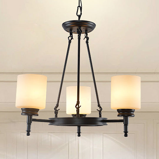 Traditional Black Wheel Chandelier with Frosted Glass Shades - 3/6 Lights, Elegant Hanging Ceiling Fixture for Dining Room