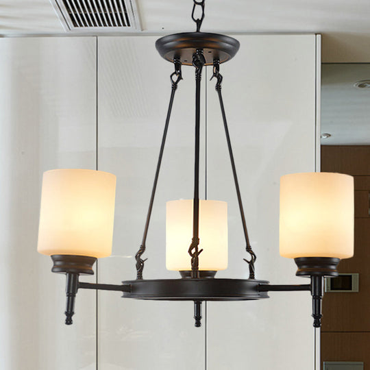 Traditional Black Wheel Chandelier with Frosted Glass Shades - 3/6 Lights, Elegant Hanging Ceiling Fixture for Dining Room