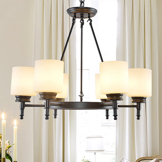 Traditional Black Wheel Chandelier with Frosted Glass Shades - 3/6 Lights, Elegant Hanging Ceiling Fixture for Dining Room