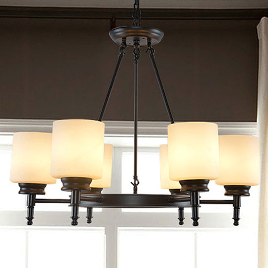 Traditional Black Wheel Chandelier with Frosted Glass Shades - 3/6 Lights, Elegant Hanging Ceiling Fixture for Dining Room