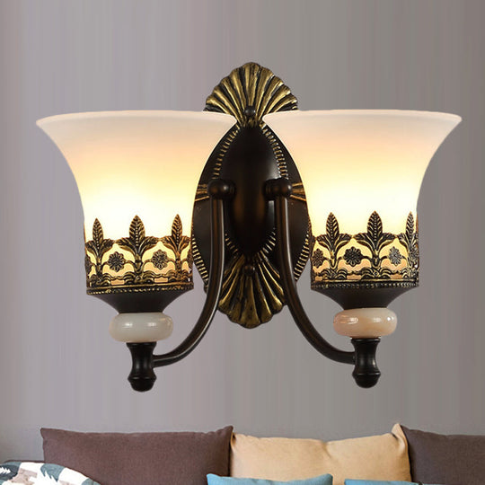 Traditional Black Bell Wall Sconce with White Glass Shade - Bedroom Wall Mounted Light