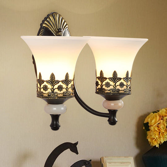 Traditional Black Bell Wall Sconce with White Glass Shade - Bedroom Wall Mounted Light