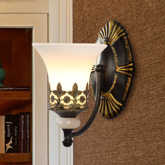 Traditional Black Bell Wall Sconce with White Glass Shade - Bedroom Wall Mounted Light