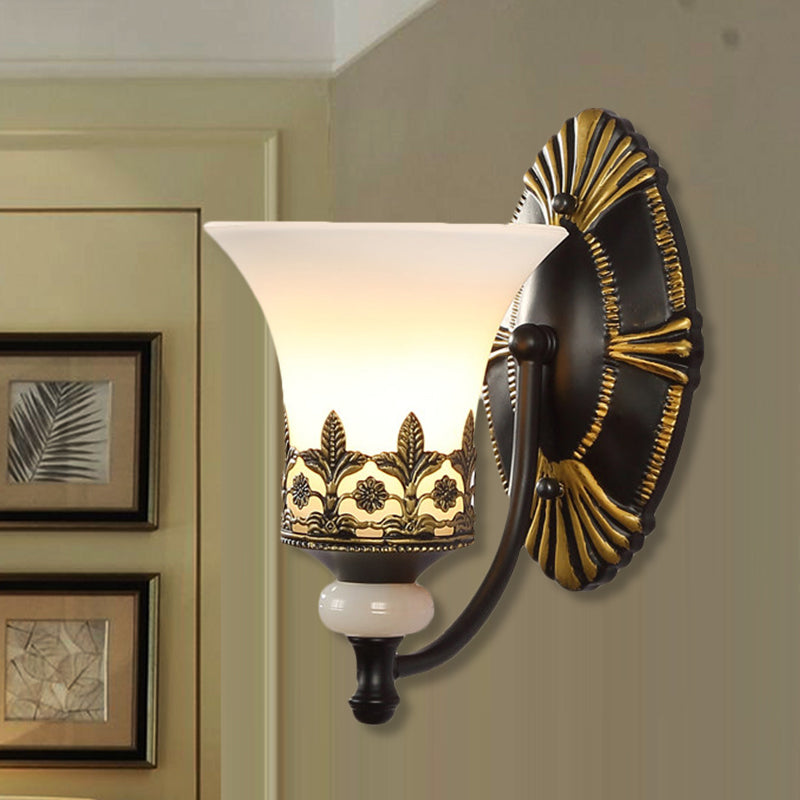 Traditional Black Bell Wall Sconce with White Glass Shade - Bedroom Wall Mounted Light