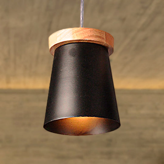 Industrial Loft Metal and Wood Kitchen Pendant Ceiling Light, Black Finish with Bucket Suspension - 1 Light