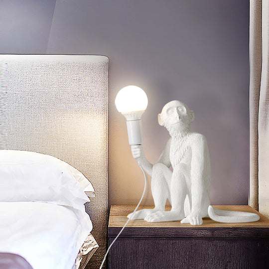 Art Deco 1-Head White Monkey Table Lamp - Stylish Resin Nightstand Light with Unique Shadeless Design