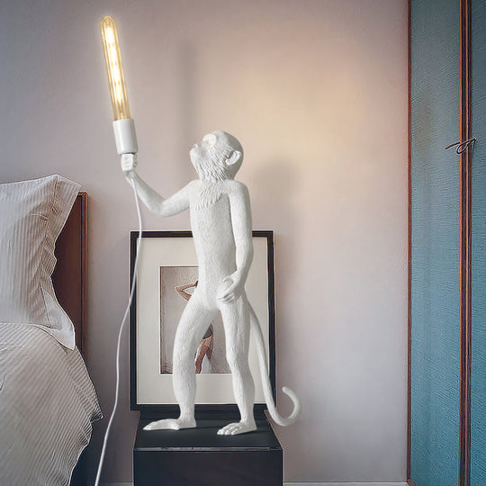 Art Deco 1-Head White Monkey Table Lamp - Stylish Resin Nightstand Light with Unique Shadeless Design
